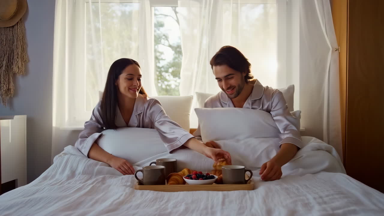 Couple Enjoying Breakfast in Bed