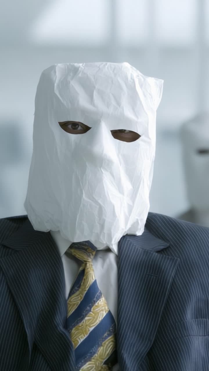 Utraditionel konferencepåklædning: Et møde mellem uidentificerede individer i jakkesæt iført papirmasker, der udfordrer normerne for professionel dresscode.