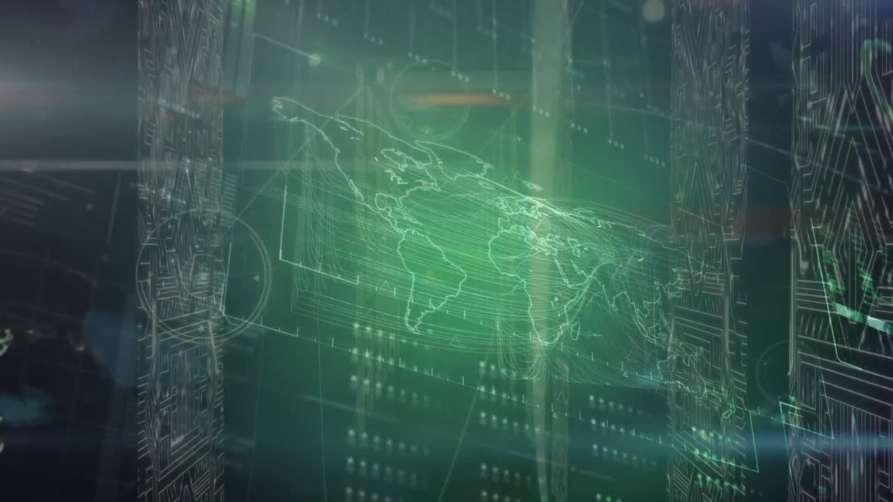 Animation of world map and data processing over server room