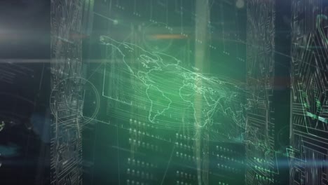 animation of world map and data processing over server room