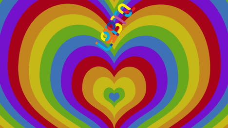 animación de corazones de arco iris y texto lgbtq sobre el fondo del corazón de arco iris