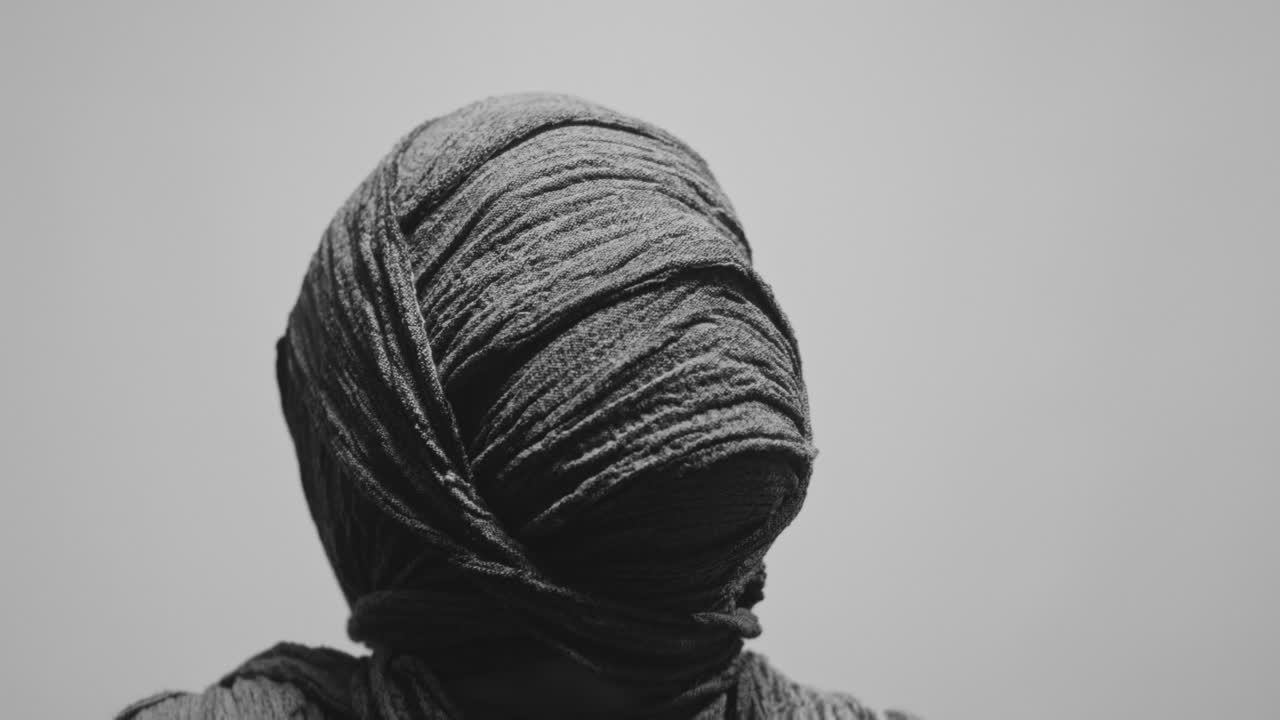 A mummy of a woman on a white backdrop looks up