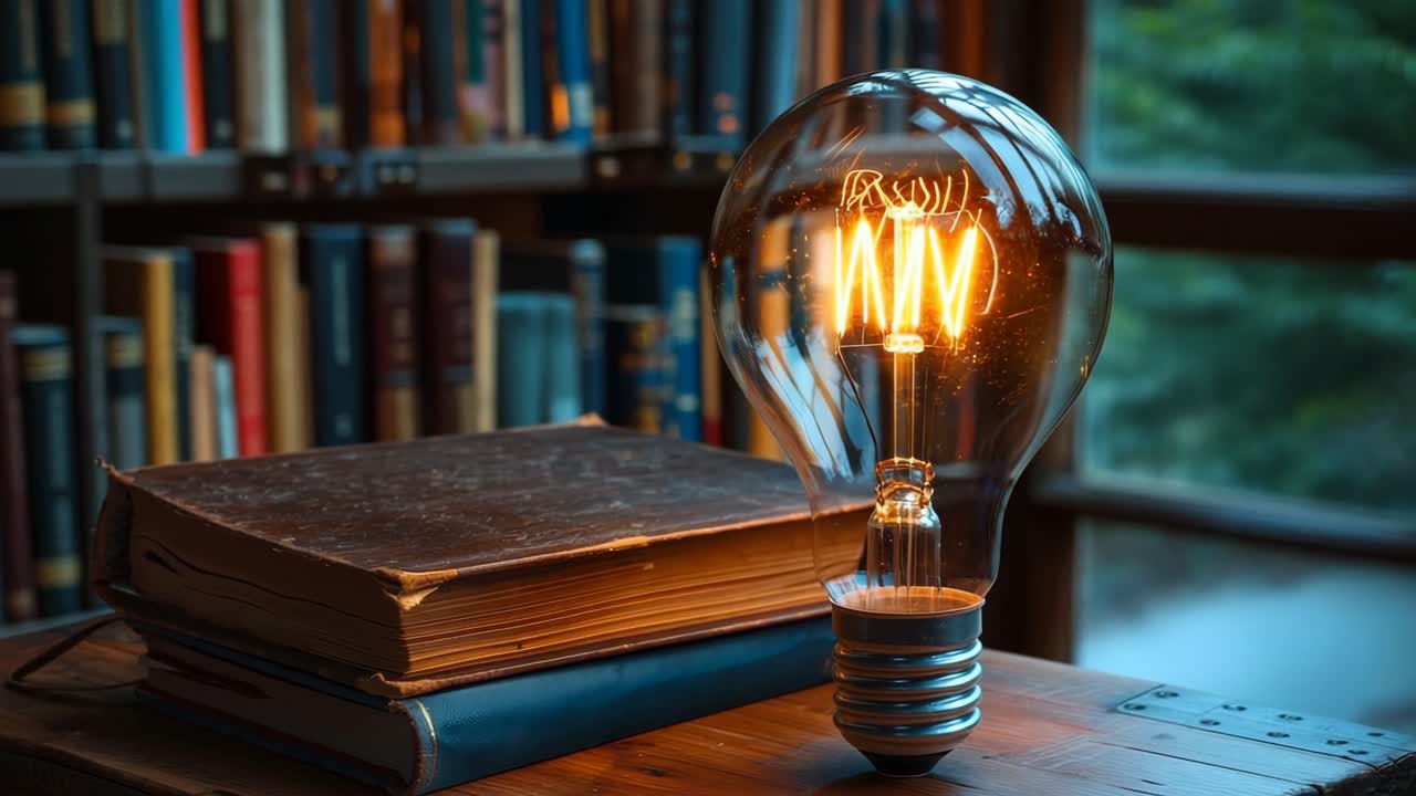 Bright bulb lights old books. A glowing vintage light bulb rests beside stacked old books on a wooden desk in a cozy library setting.