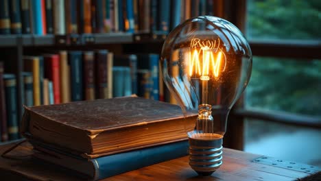 bright bulb lights old books. a glowing vintage light bulb rests beside stacked old books on a wooden desk in a cozy library setting.