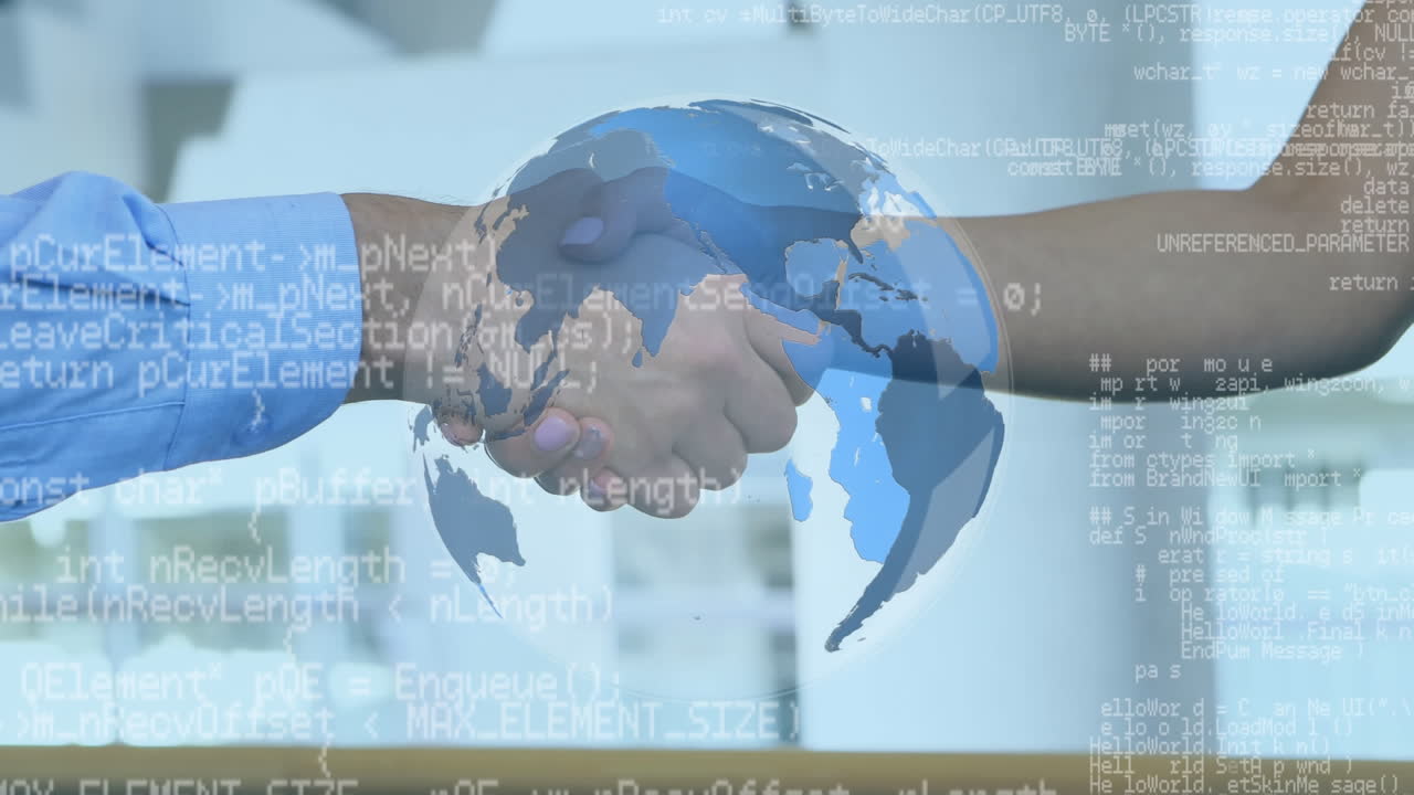 두 사람이 손을 흔들고 프로그램 코드가 있는 글로브