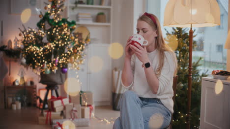 beautiful woman drinking coffee on chair at home during christmas