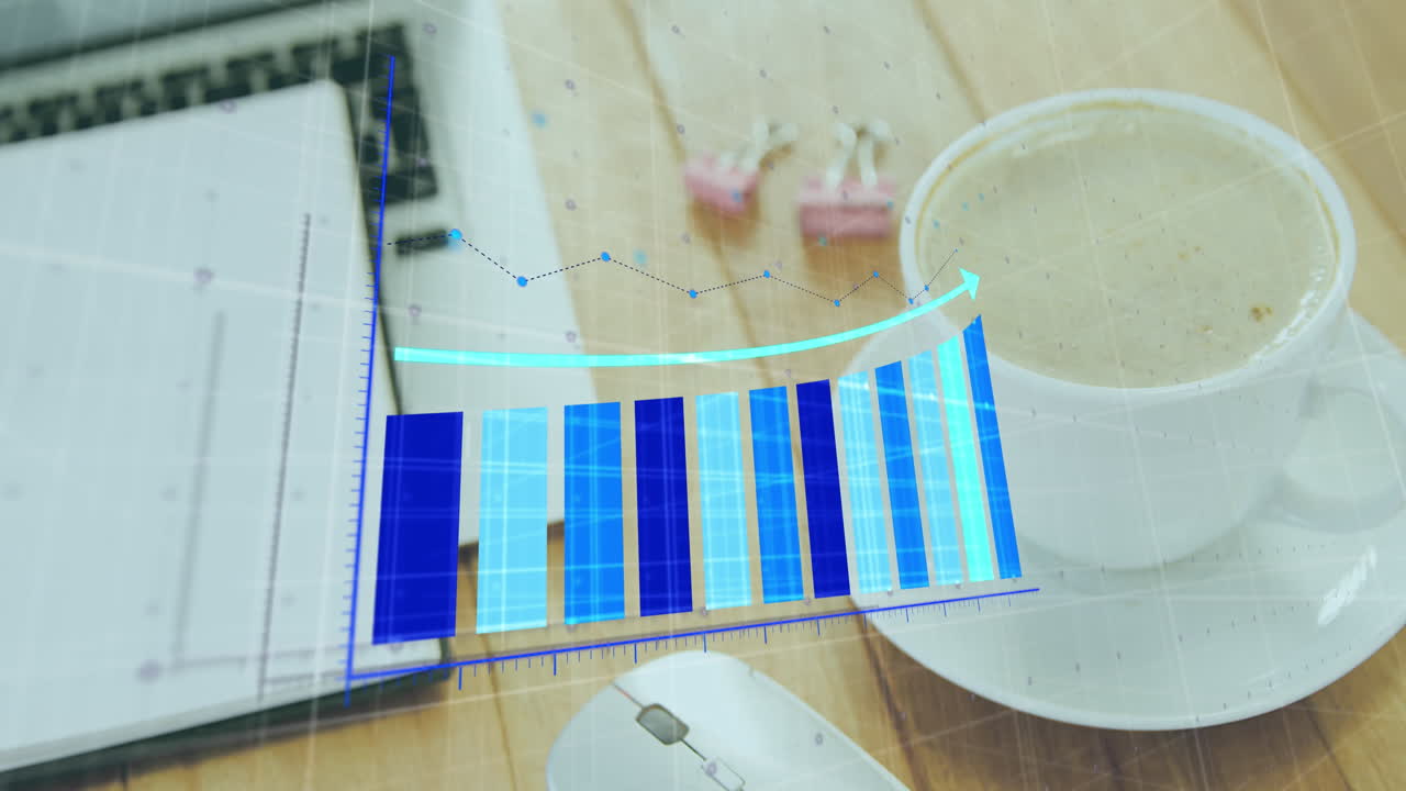 animación de gráficos sobre bloc de notas, taza de café, ratón de computadora y computadora portátil en una mesa de madera