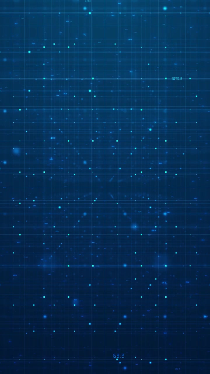 Abstract data matrix particle visual with blue vertical streams glowing dots small numeric marks and