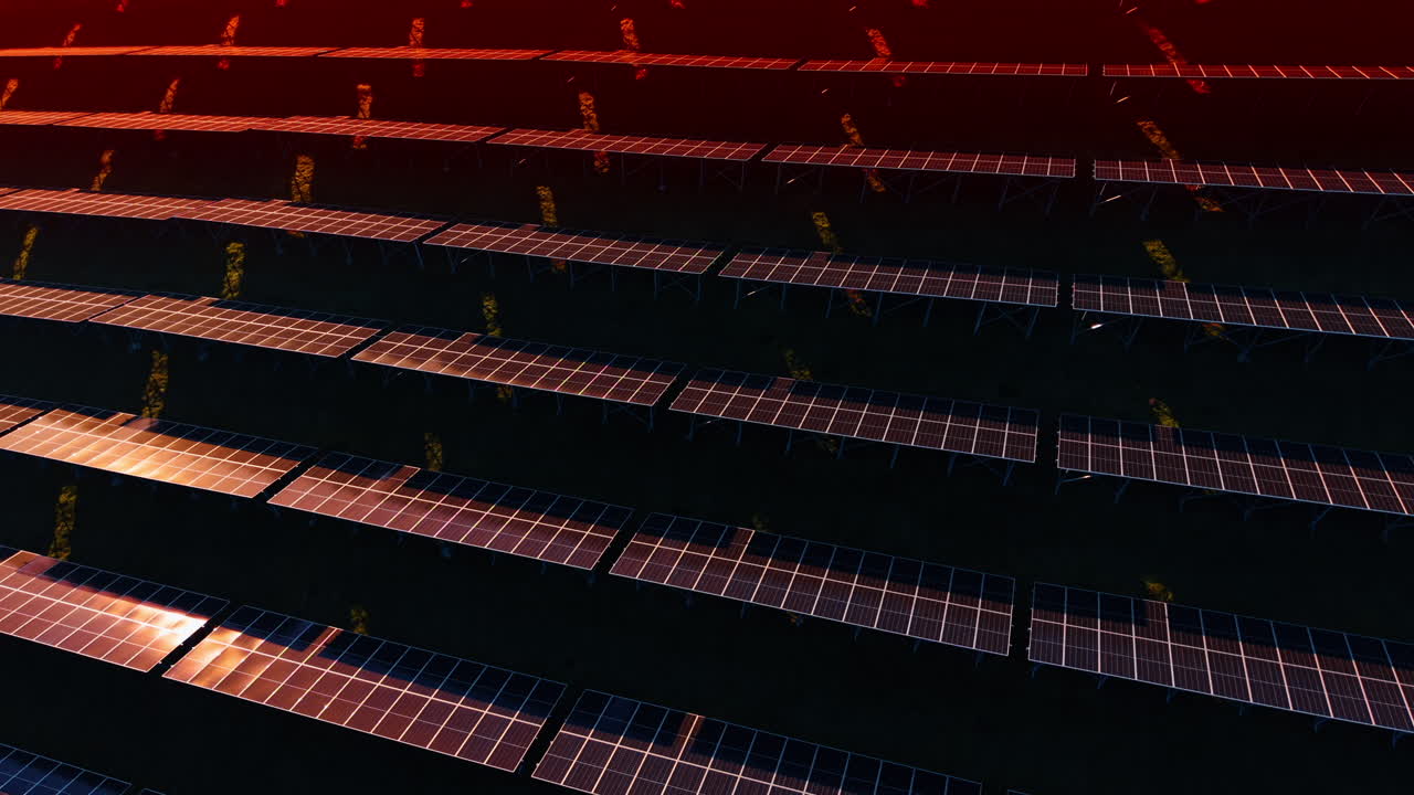 Celle fotovoltaiche illuminate dalla luce rossa del sole al tramonto. Filmato del drone su un campo di pannelli solari.