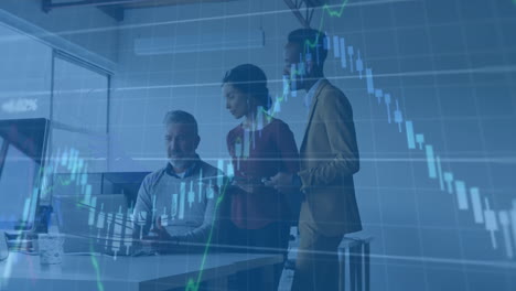 animation of financial data processing over diverse business people in office