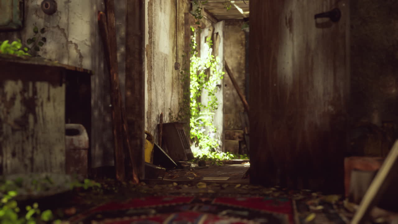 разрушенный заброшенный заросший растениями внутренний