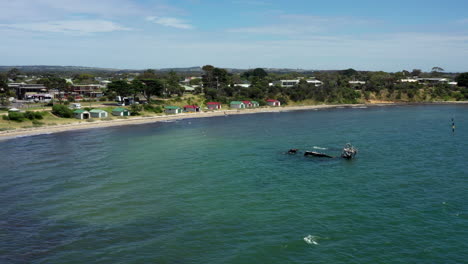 AERIAL-Dolly-Forward,-PS-Ozone-Paddle-Steamer-Wreckage,-Indented-Head