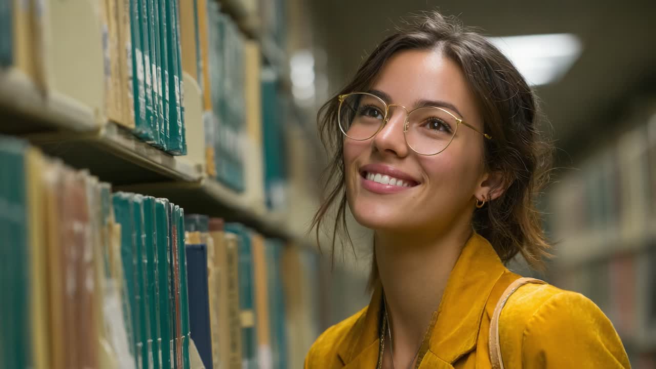 A Joyful Moment in the Library: A Young Woman Smiles While Exploring Shelves of Files, Capturing the Essence of Knowledge and Curiosity in an Academic Setting