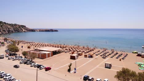 Idyllic-Tsambika-Beach-On-Rhodes-Island,-Greece---aerial-drone-shot