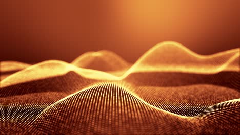 4k looped abstract background of gold glow particles form lines, surfaces as landscape in cyberspace or hologram. sci-fi theme of microworld, nanotechnology or cosmic space. depth of field. v13 dots