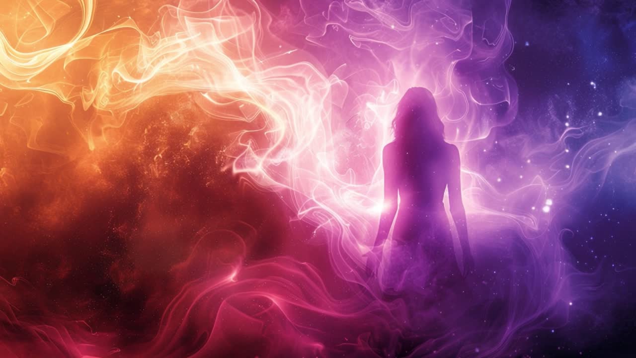 A woman surrounded by cosmic energy and light
