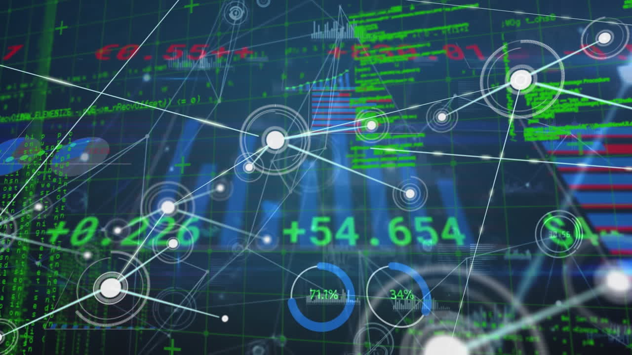 Animation of network of connections over data processing on blue background