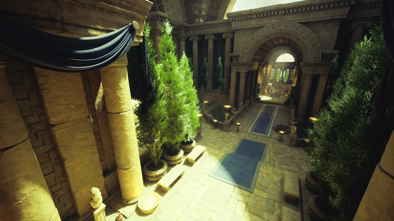 Sundrenched marble lobby enhanced by lush cypress and golden rays