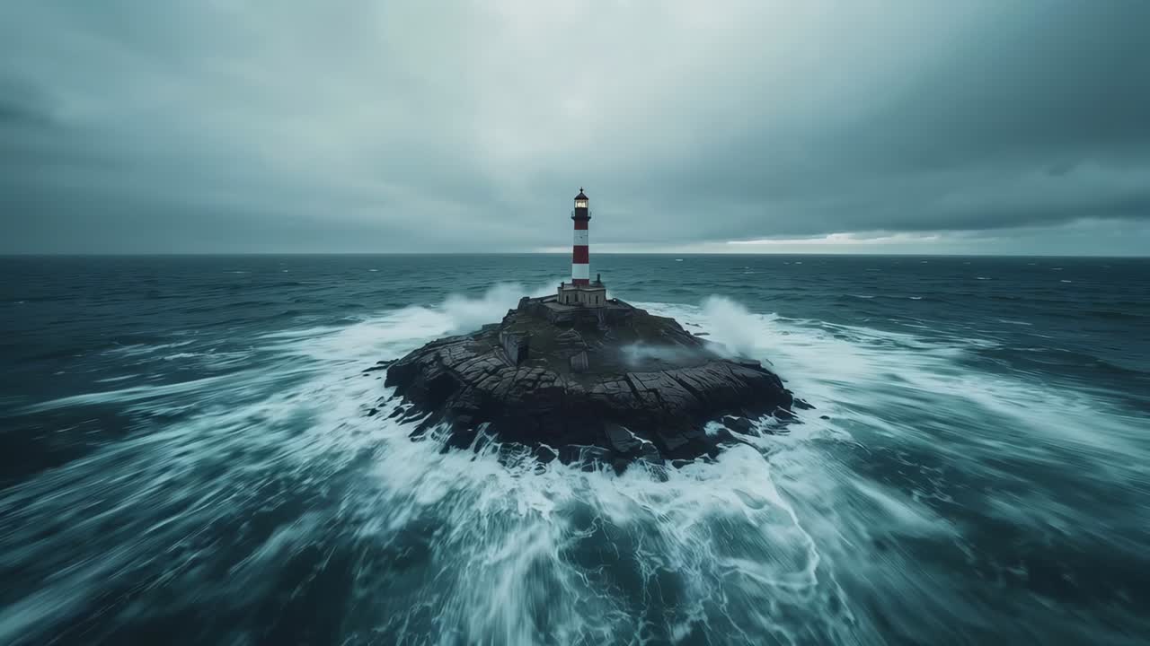 Being pushed by swells, drone moving closer to red-white lighthouse on rocky islet, showing surf