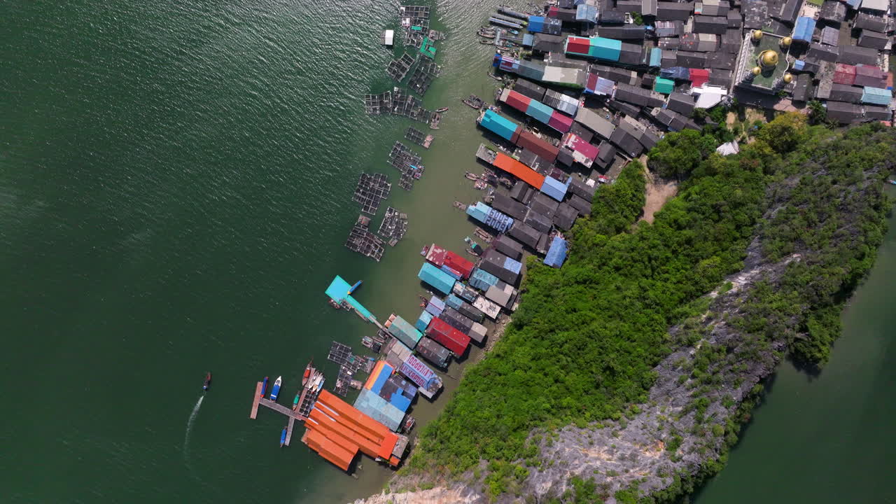 Colorful Roofs Of Koh Panyee Vibrant Floating Village In Phang Nga Bay, Thailand. Aerial Topdown Shot