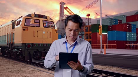 businessman using tablet at a cargo port