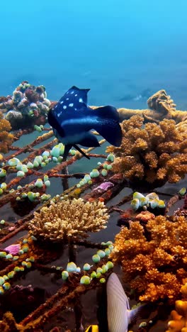 young fish swim among coral with sun filtering in, vibrant reef habitat perspective