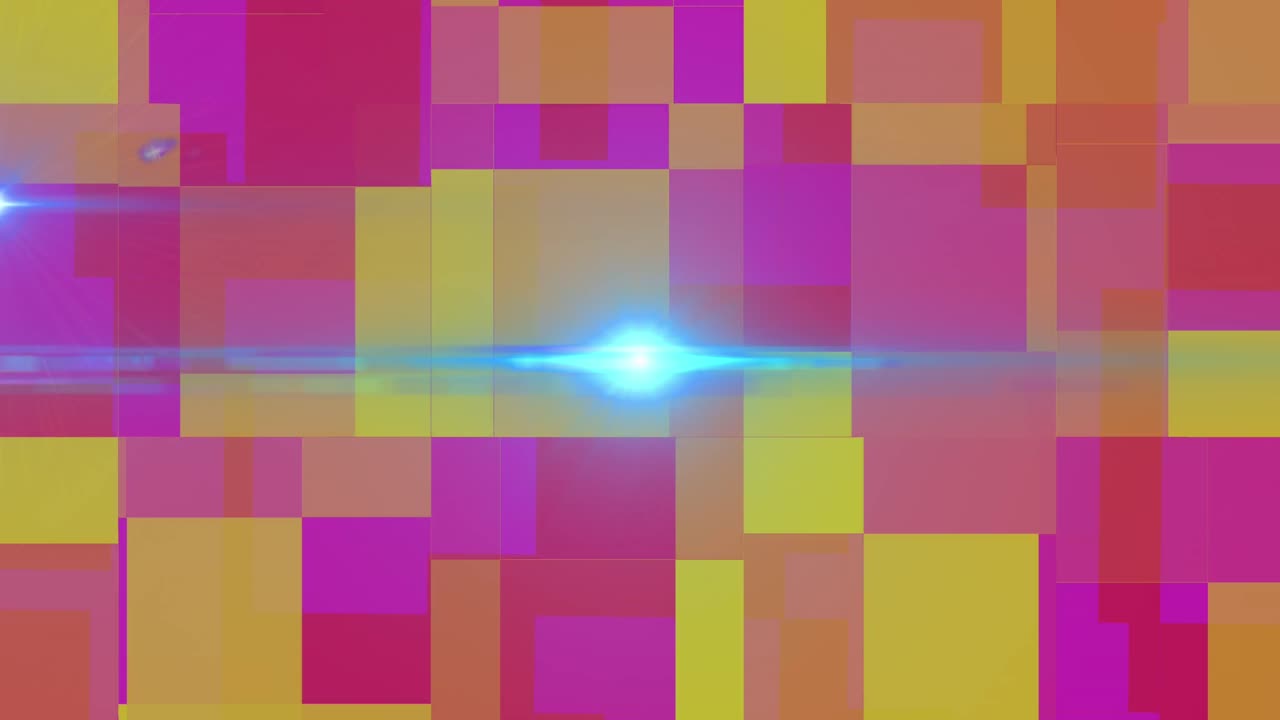 Animation of lights and shapes over background with colorful squares