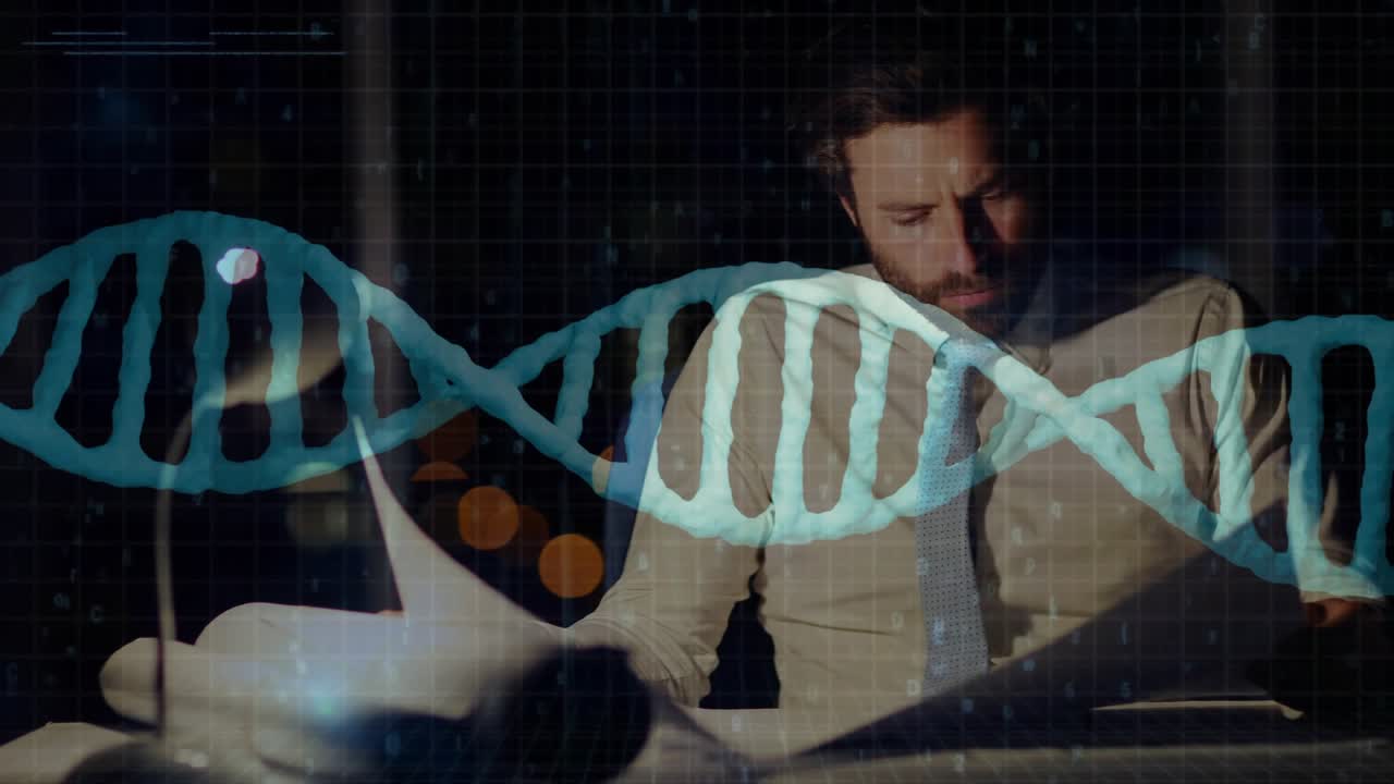 Man facing looming deadline, reviewing bio documents in bedroom while DNA helix and code drifting