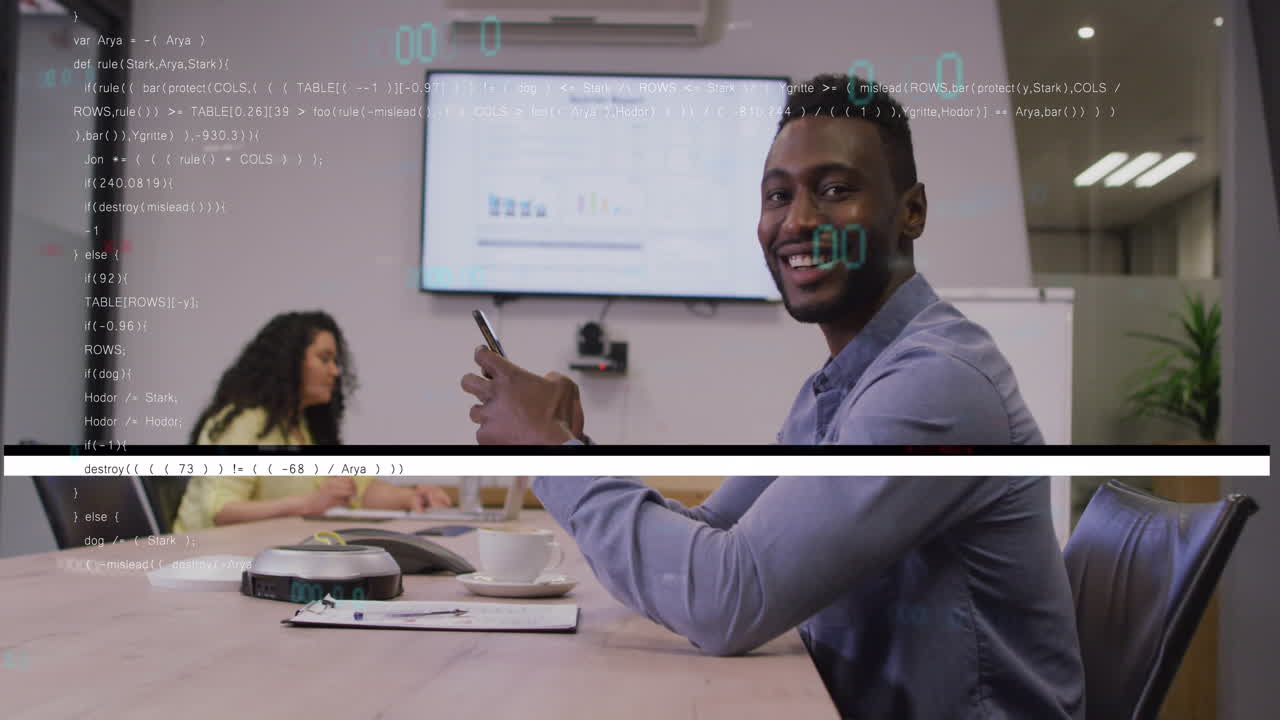 Animation of data processing over diverse business people in office