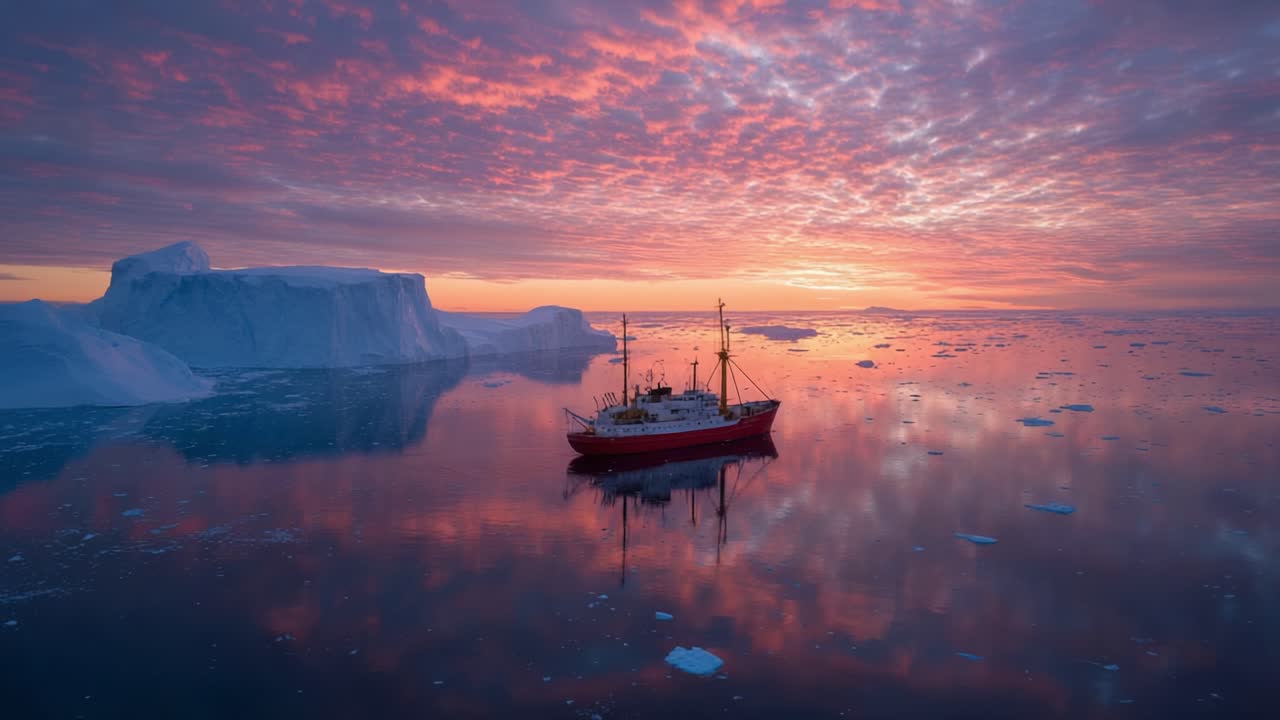 A Majestic Fishing Vessel Stands Still Amidst Breathtaking Arctic Icebergs Under a Vibrant Sunset Sky, Creating a Stunning Contrast Against the Calm Ocean Waters