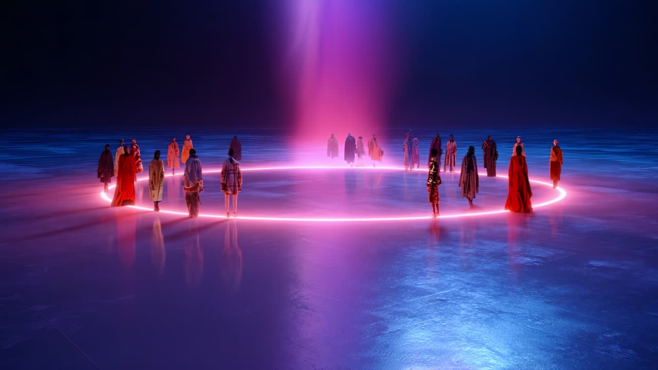 A group of individuals stands in a mystical circular formation illuminated by a radiant purple light, creating an otherworldly atmosphere on a reflective surface, evoking a sense of unity and intrigue within the scene