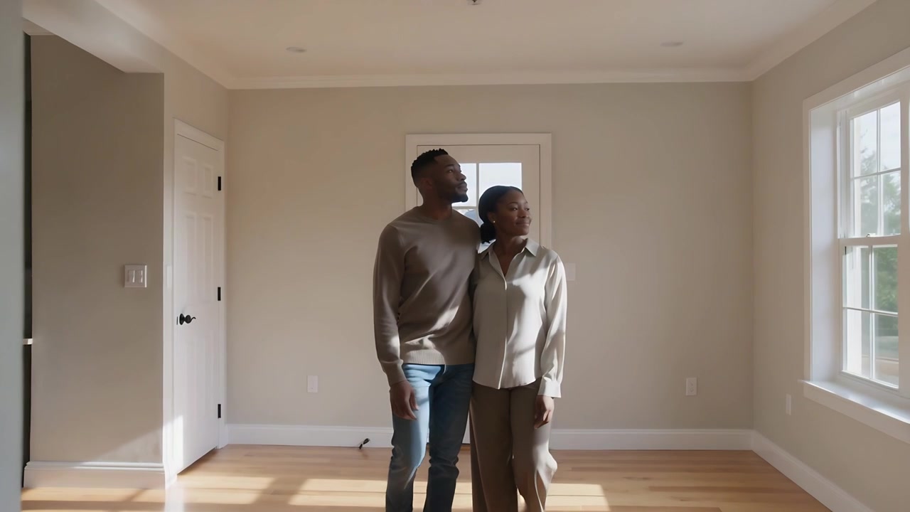 Entering rear doorway, adult son guiding senior mother across empty room, surveying large window