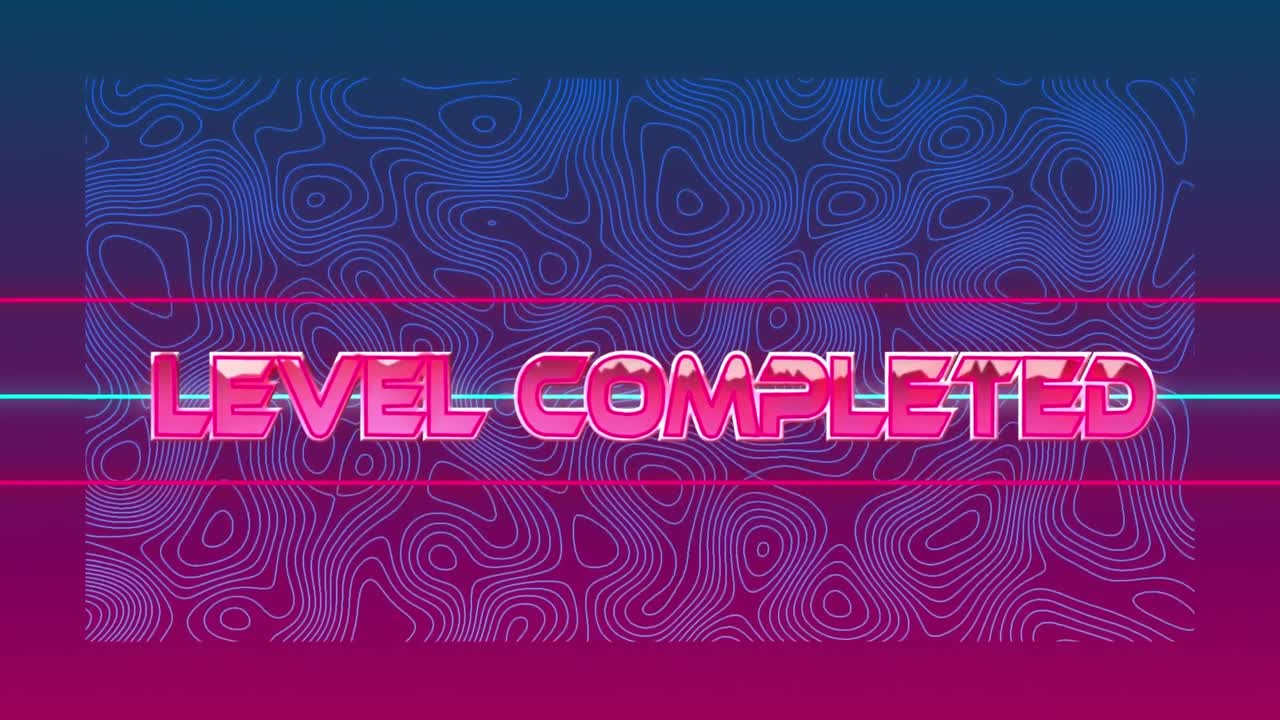 텍스트의 애니메이션, 레벨 완료, 반 ⁇ 이는 분홍색, 분홍색과 파란색에 움직이는 윤 ⁇  선 위에