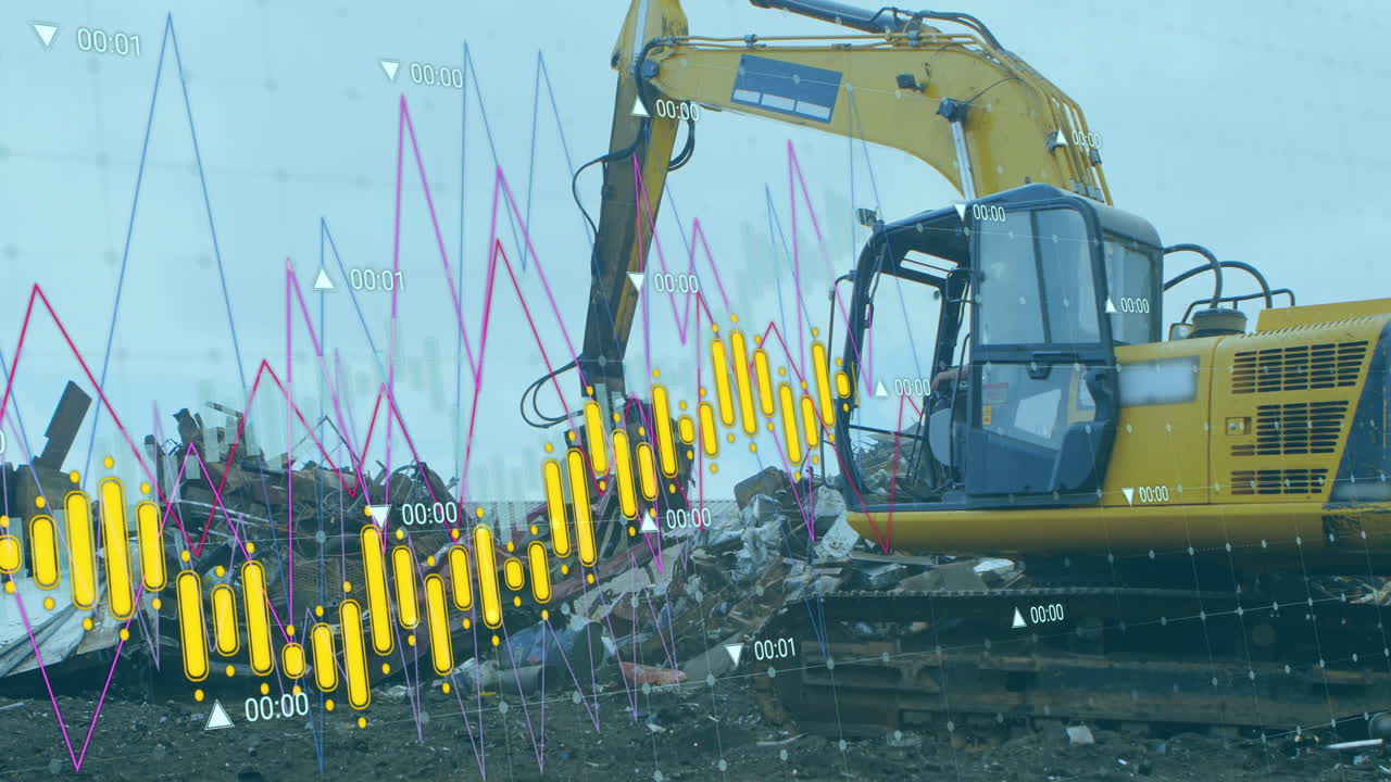 Excavator at construction site with financial data analysis animation over it