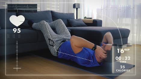 joven haciendo flexiones con la ayuda de un sofá en la sala de estar