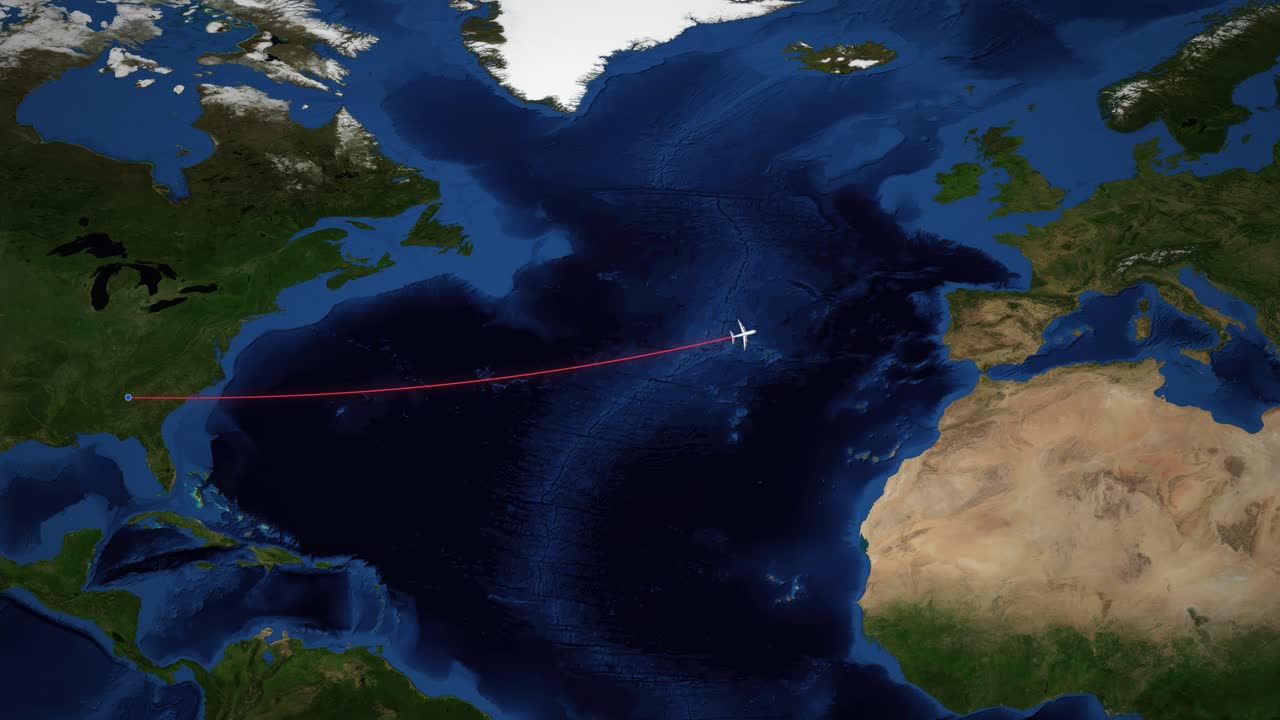 A red line tracks an airplane flying from North America to Europe over satellite imagery