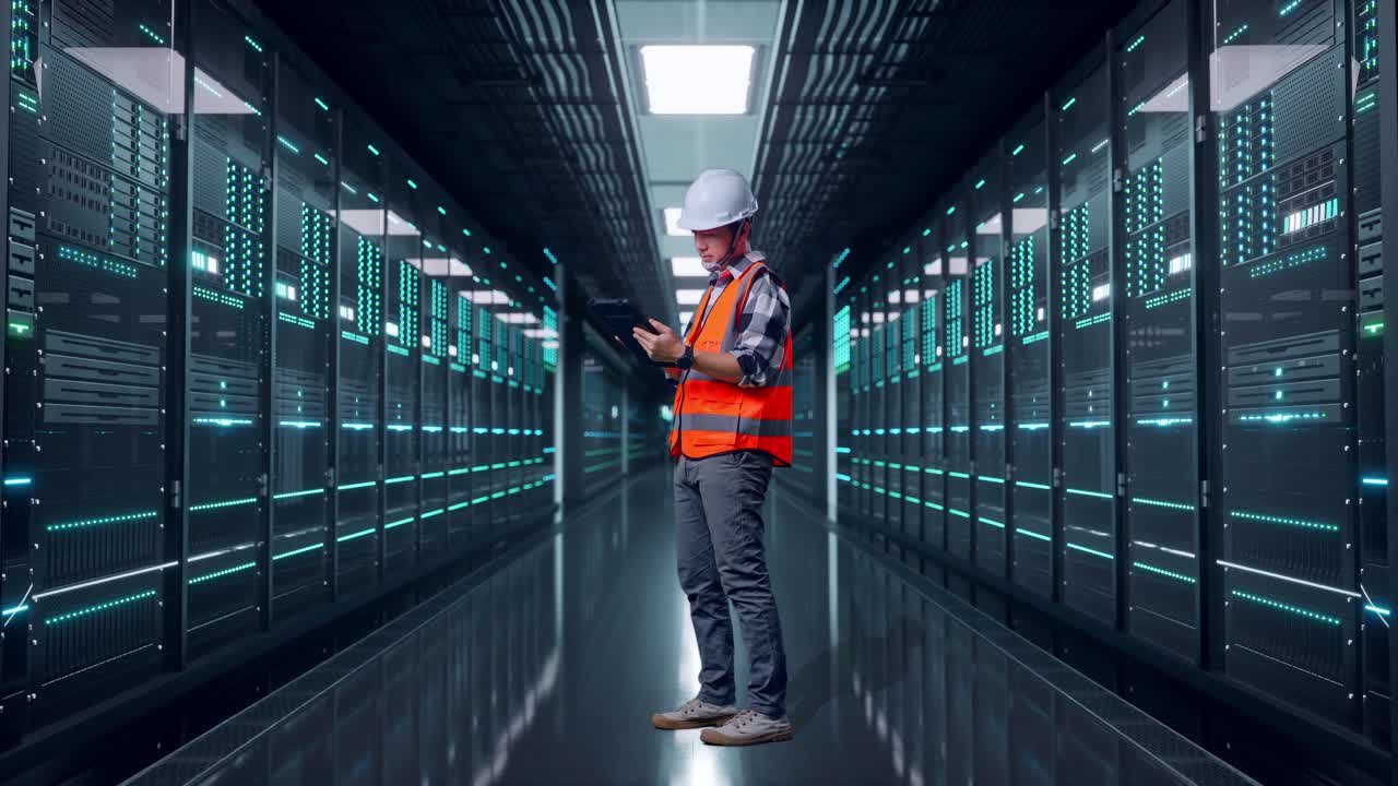 Full Body Side View Of Asian Male Engineer With Safety Helmet Working On A Tablet While Standing in Server Room Data Center