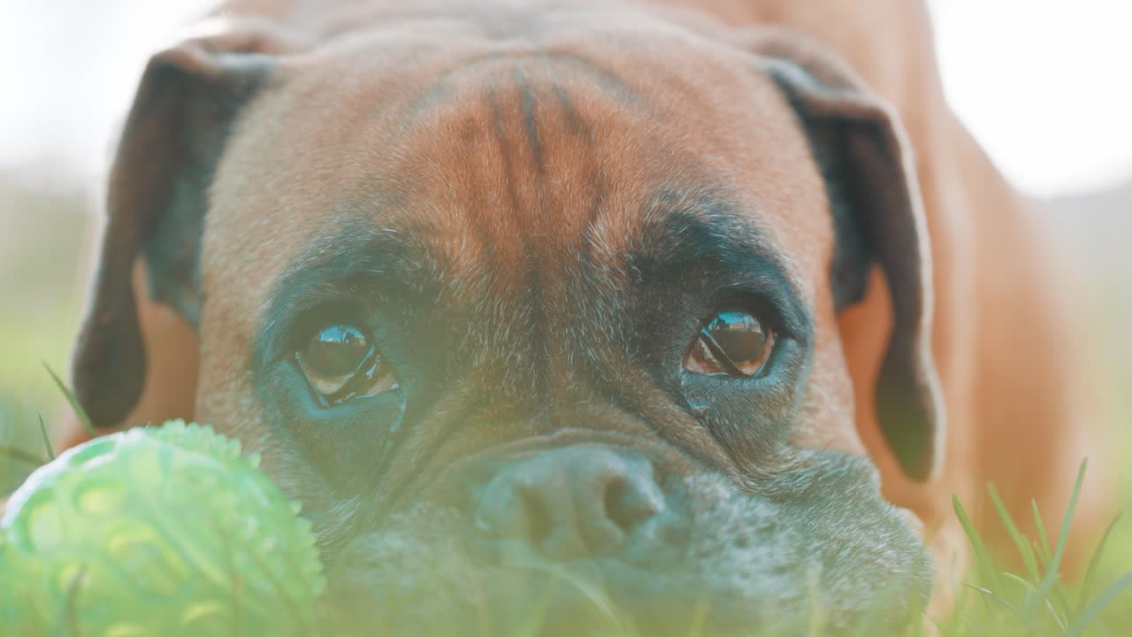Boxer dog resting with toy in grass