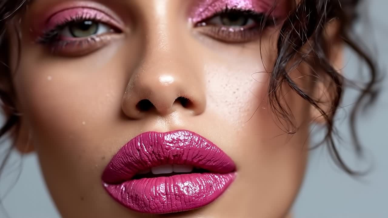 A close up of a woman's face with pink lipstick
