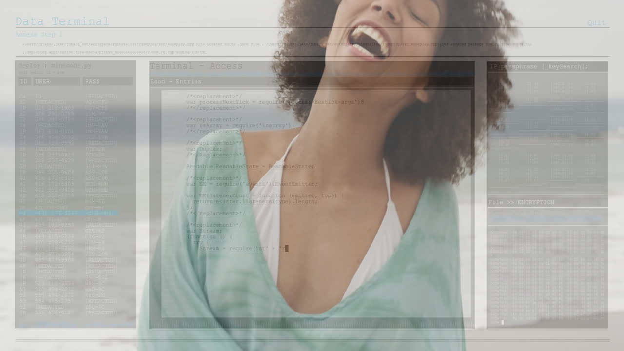 At beach, woman laughing with computer code overlay in animation
