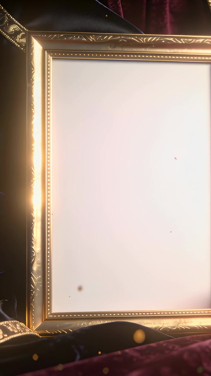 Verticale video: Pannende camera verschuift een vergulde lijst met een blanco inzetstuk naar het midden boven fluweel