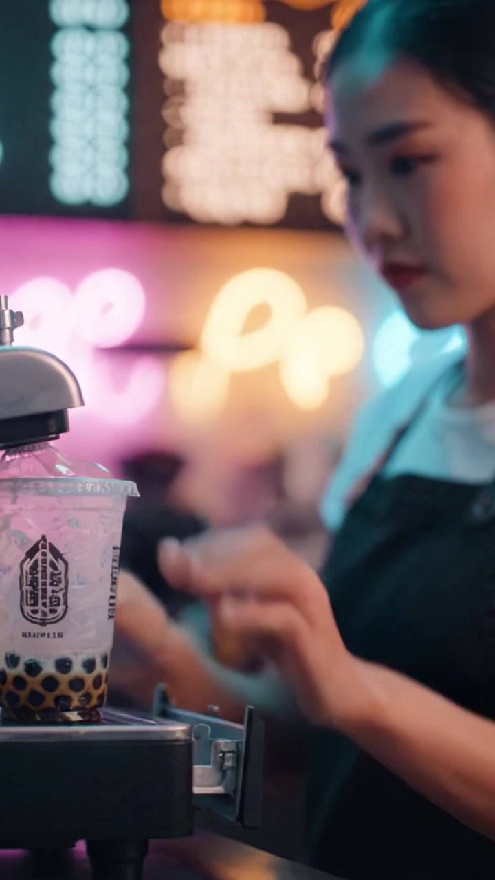 Seorang barista terampil menyiapkan bubble tea lezat di kafe yang ramai, menampilkan seni dan gairah yang terlibat dalam menyajikan minuman populer ini kepada pelanggan