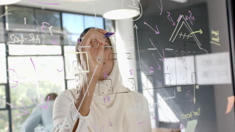 writing on transparent board, businesswoman brainstorming ideas in modern office