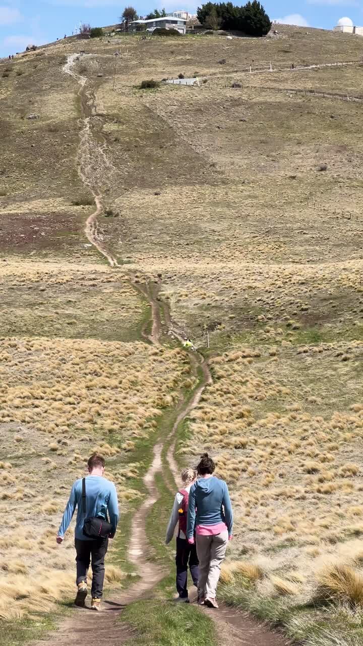 Persone che fanno trekking sul sentiero del Monte John, Lago Tekapo, Nuova Zelanda, una scena serena.