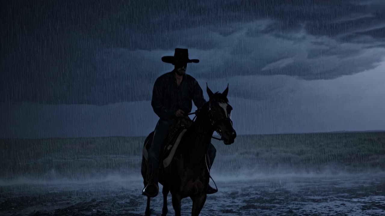 Cowboy on Horse in a Stormy Beach