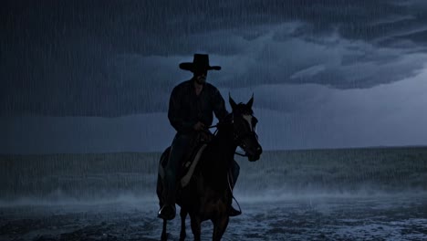 cowboy on horse in a stormy beach