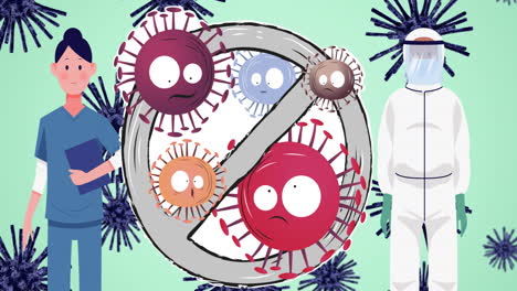 animación de un cartel de prohibición con células de virus sobre iconos de virus que se mueven