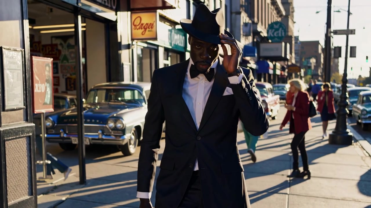 Uomo elegante in abito e fedora su una strada cittadina d'epoca