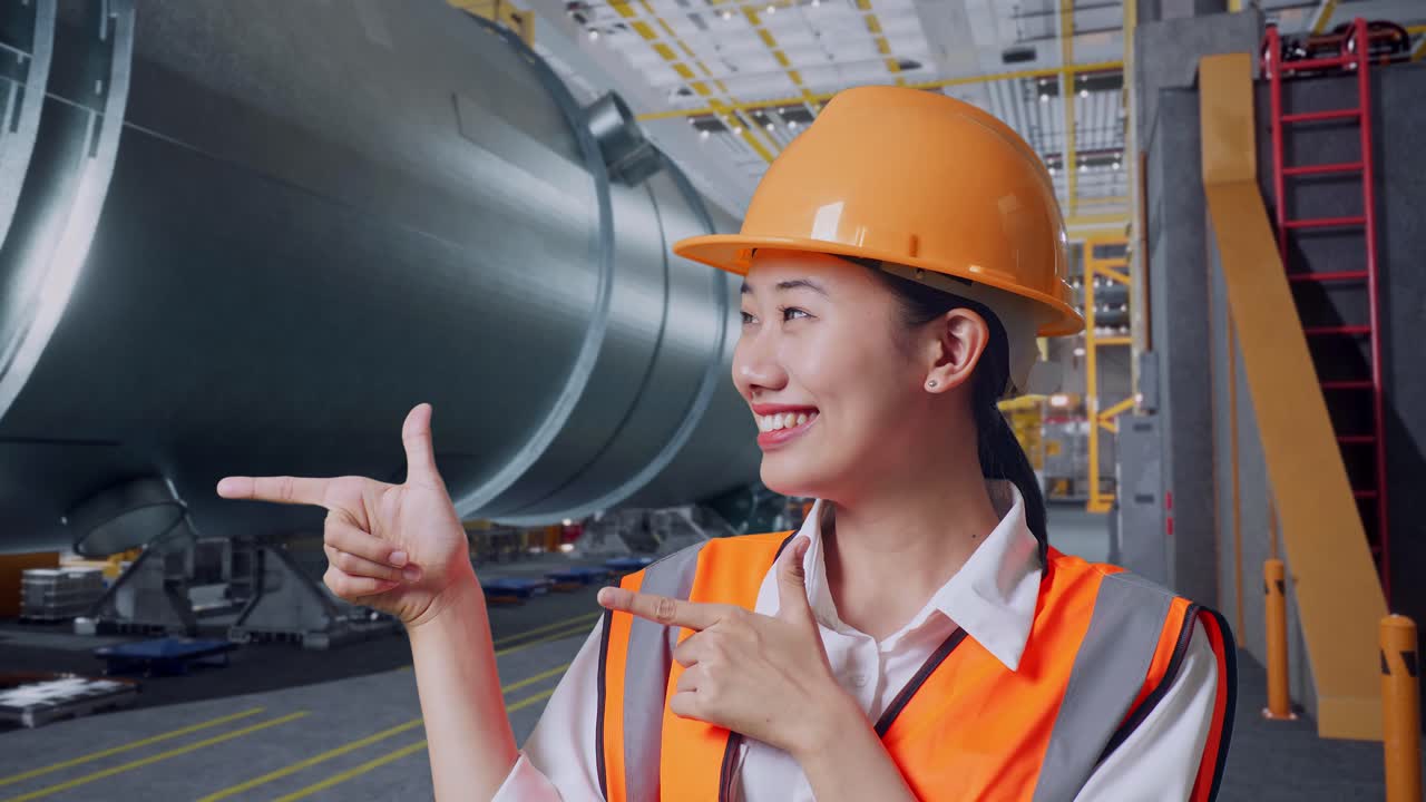 안전 헬을 입은 아시아 여성 엔지니어가 파이프 제조 공장에서 서서 웃고 을 가리키고 있습니다.