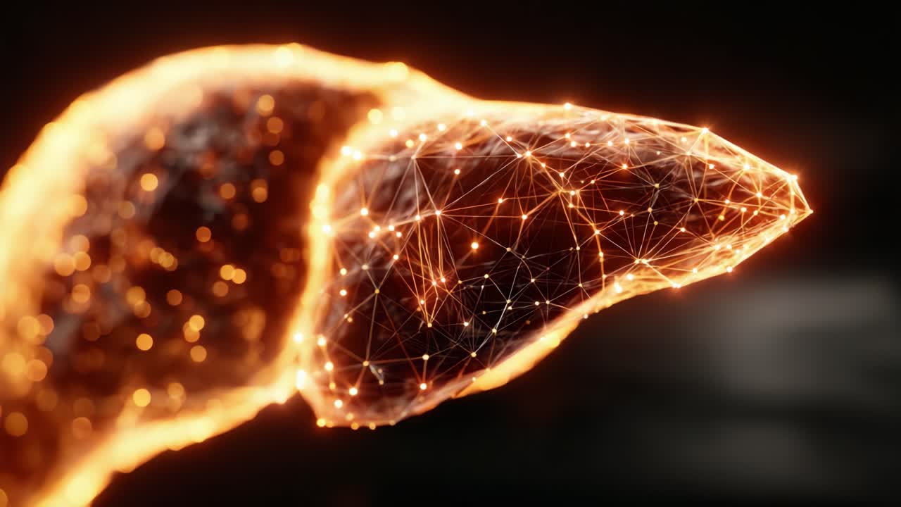 Stunning Visual Representation of a Liver: An Abstract Interpretation Highlighting the Intricacies of Structure and Connectivity with a Luminous Network of Particles